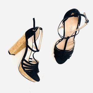 CHARLES DAVID | Black Strappy Cork Heels - 7.5